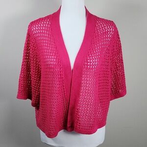 Hot Pink Crochet Cardigan Womens Large Petite LP Boho Loud Luxury Dopamine Shrug